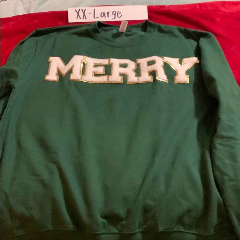 Green Sweatshirt with 'Merry' in Puffy Letters (Unisex)